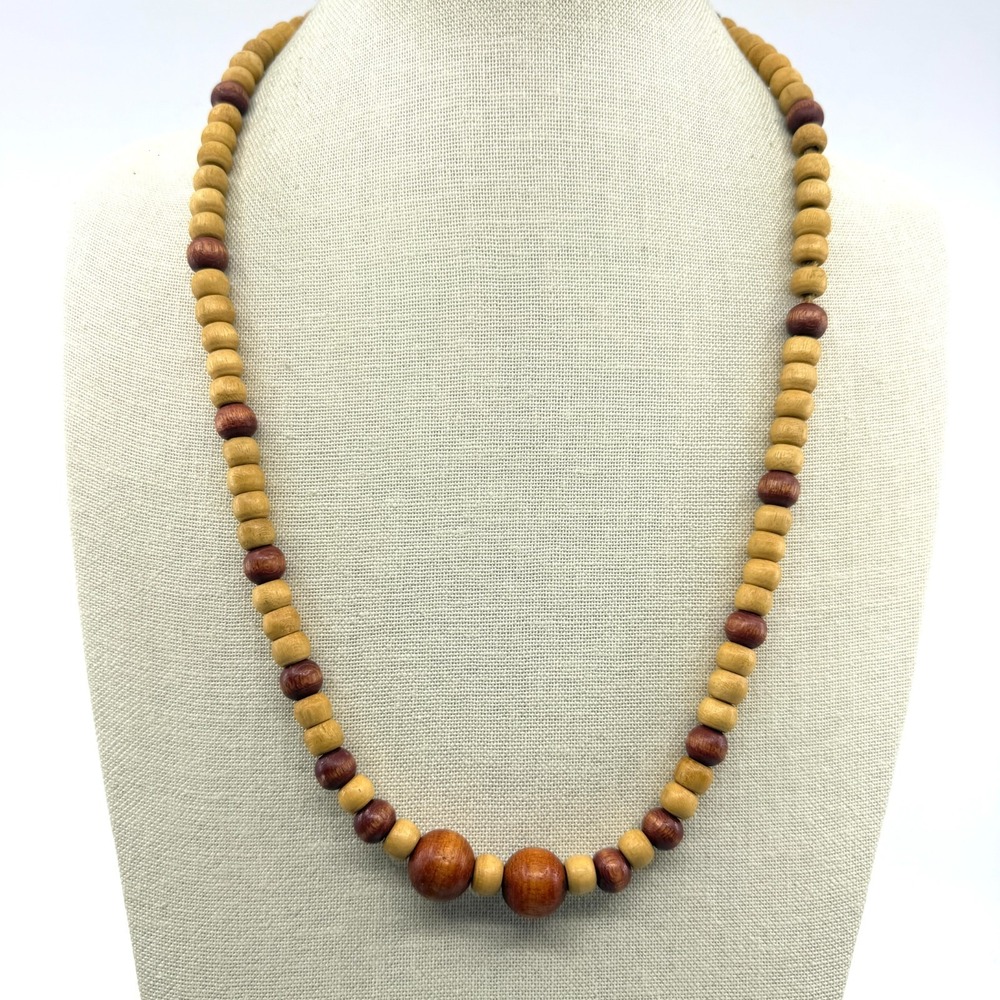 Brown Tan Wood Bead Necklace Button Closure Boho Rustic Statement Jewelry Gift